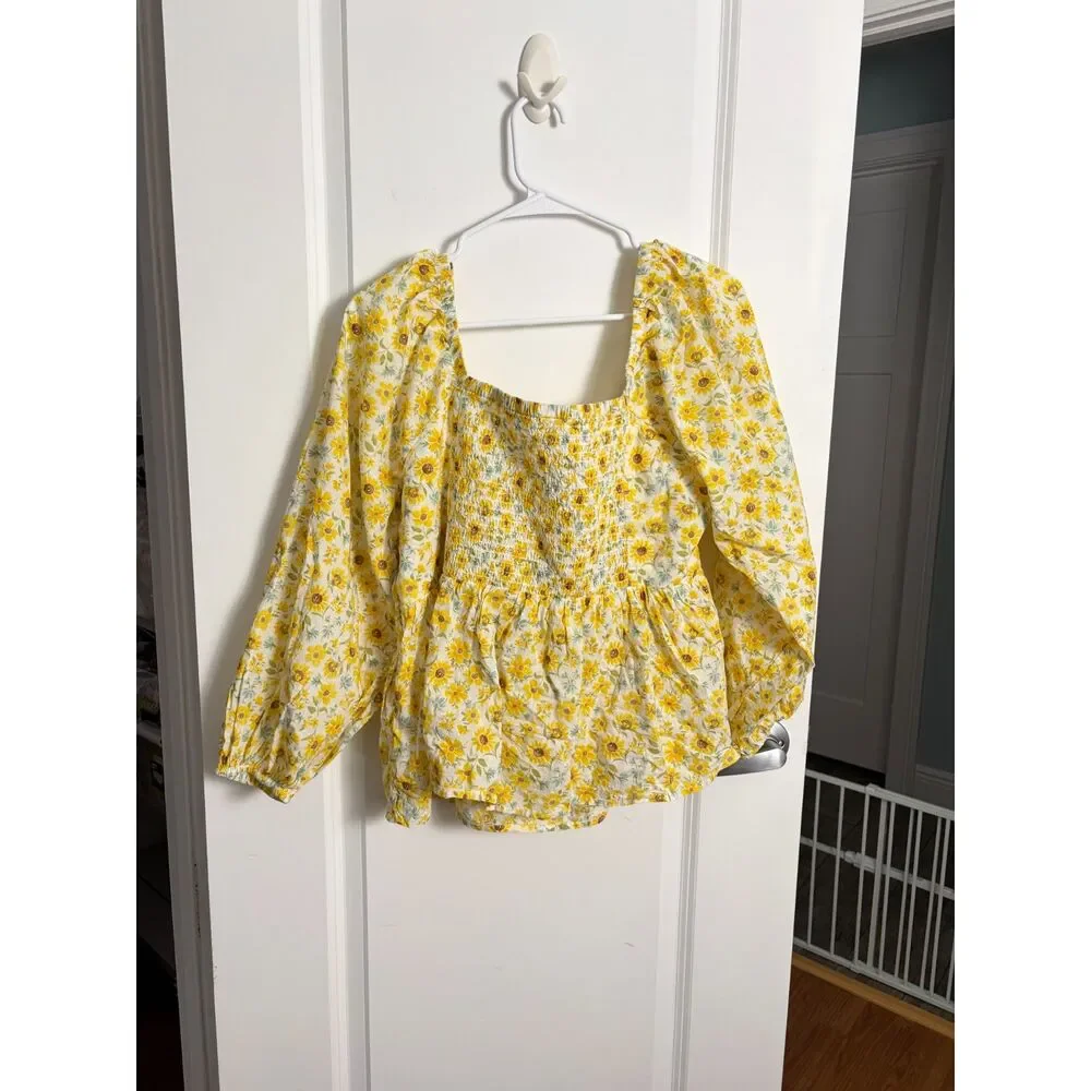 Old Navy Sunflower Peplum Smocked Square Neck Blouse Peasant Puff Long Sleeve XL
